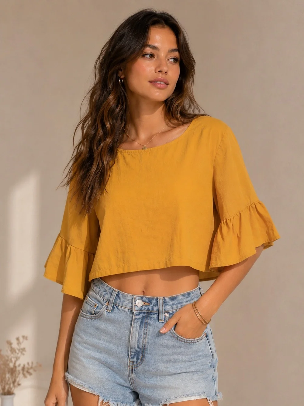 American Eagle Flutter Sleeve Crop Top Golden Yellow Size Medium Short
